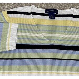 Charter Club Striped V Neck Sweater‎ Ribbed Large Pima Cotton